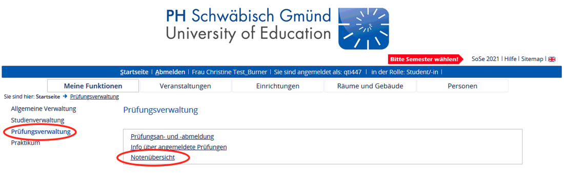 Screenshot LSF, Prüfungsverwaltung und Notenübersicht sind rot eingekreist Screenshot LSF, Prüfungsverwaltung und Notenübersicht sind rot eingekreist
