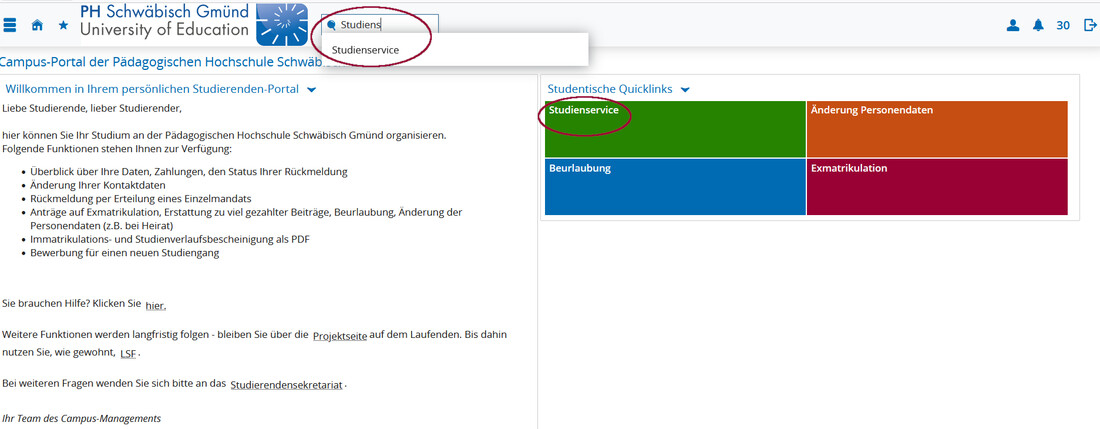 Screenshot Campus-Portal Startseite mit zwei roten Kreisen, die die Möglichkeiten der Navigation zeigen Screenshot Campus-Portal Startseite mit zwei roten Kreisen, die die Möglichkeiten der Navigation zeigen