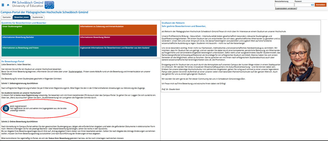 Screenshot Campus-Portal Bereich Bewerbung, Registrieren rot eingekreist 06.09.23 Screenshot Campus-Portal Bereich Bewerbung, Registrieren rot eingekreist 06.09.23