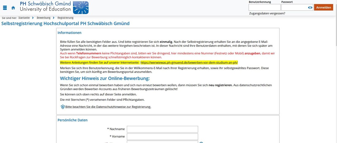 Screenshot Campus-Portal Ausschnitt Formular Selbstregistrierung Screenshot Campus-Portal Ausschnitt Formular Selbstregistrierung
