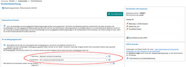 Screenshot Campus-Portal Bewerbungsantrag Lehramt Grundschule - Abschluss und Studienfach ist rot eingekreist Screenshot Campus-Portal Bewerbungsantrag Lehramt Grundschule - Abschluss und Studienfach ist rot eingekreist