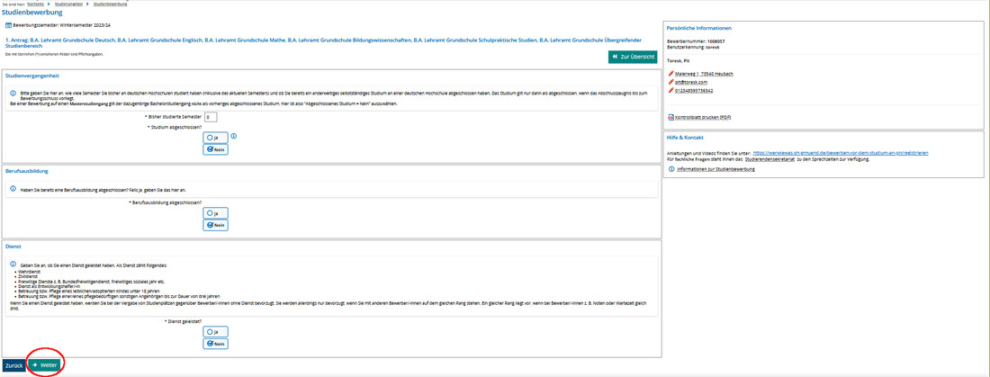 Screenshot Campus-Portal Studienvergangenheit, Beruf, Dienst Screenshot Campus-Portal Studienvergangenheit, Beruf, Dienst