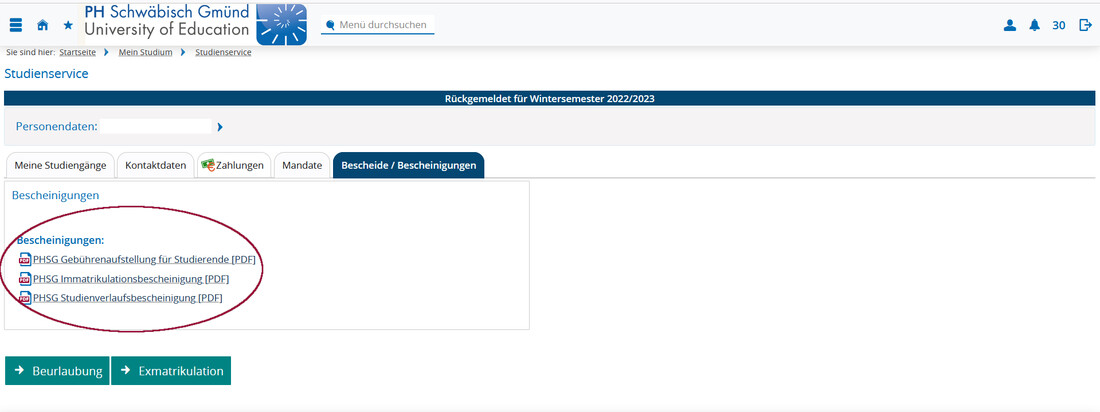 Screenshot Campus-Portal Bescheide/Bescheinigungen generieren Screenshot Campus-Portal Bescheide/Bescheinigungen generieren