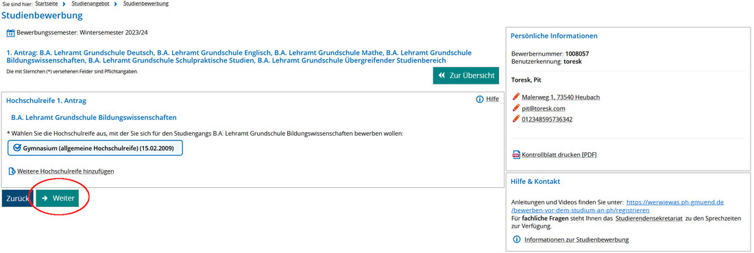 Screenshot Campus-Portal - Auswahl der Hochschulreife Screenshot Campus-Portal - Auswahl der Hochschulreife