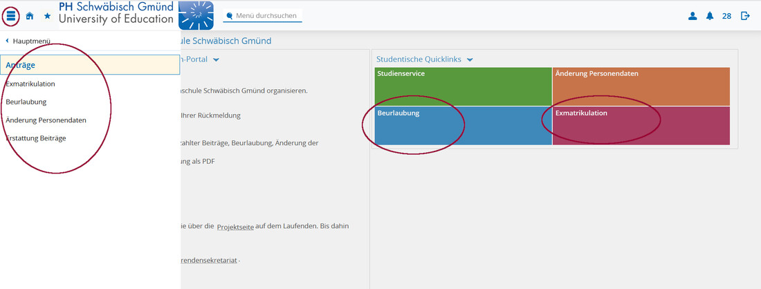 Screenshot Campus-Portal Auswahl der Anträge Screenshot Campus-Portal Auswahl der Anträge
