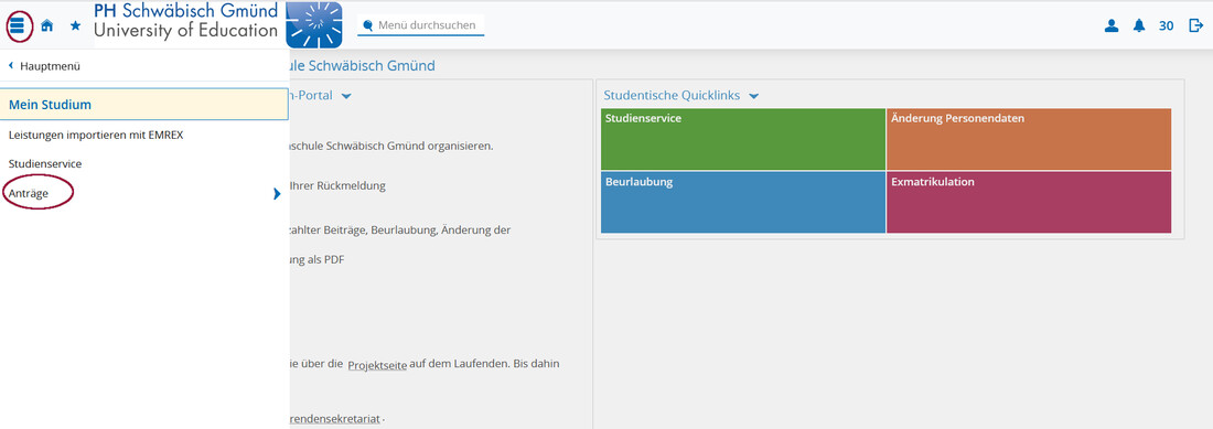 Screenshot Campus-Portal mit roten Kreisen die zu den Anträgen navigieren Screenshot Campus-Portal mit roten Kreisen die zu den Anträgen navigieren