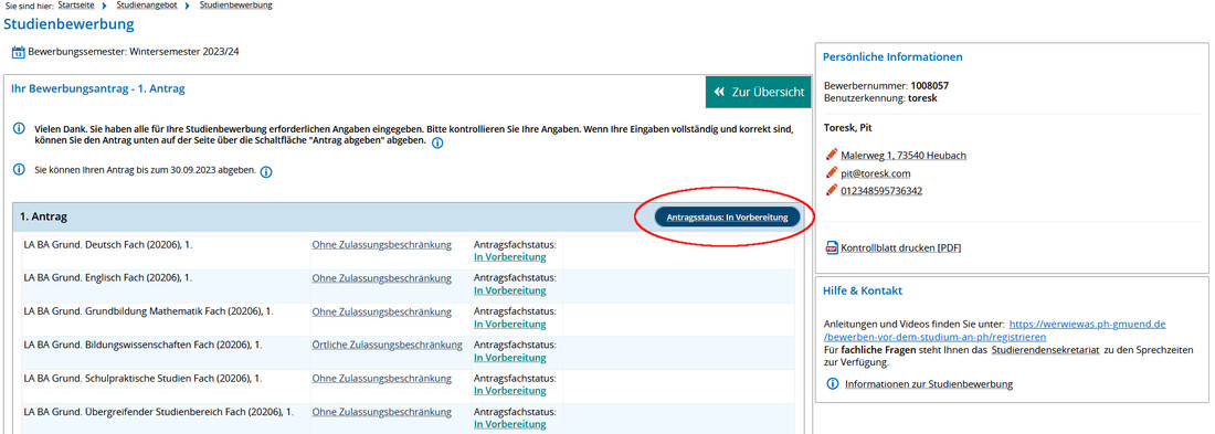 Screenshot Campus-Portal Bewerbungsprozess letzter Schritt Screenshot Campus-Portal Bewerbungsprozess letzter Schritt