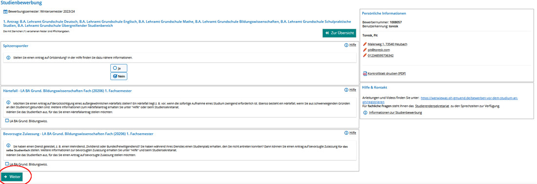 Screenshot Campus-Portal Bewerbungsvorgang - Abfrage Spitzensportler, Härtefall und bevorzugte Zulassung Screenshot Campus-Portal Bewerbungsvorgang - Abfrage Spitzensportler, Härtefall und bevorzugte Zulassung